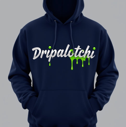 Navy blue hoodie with 'Dripalochi' text on a gray background