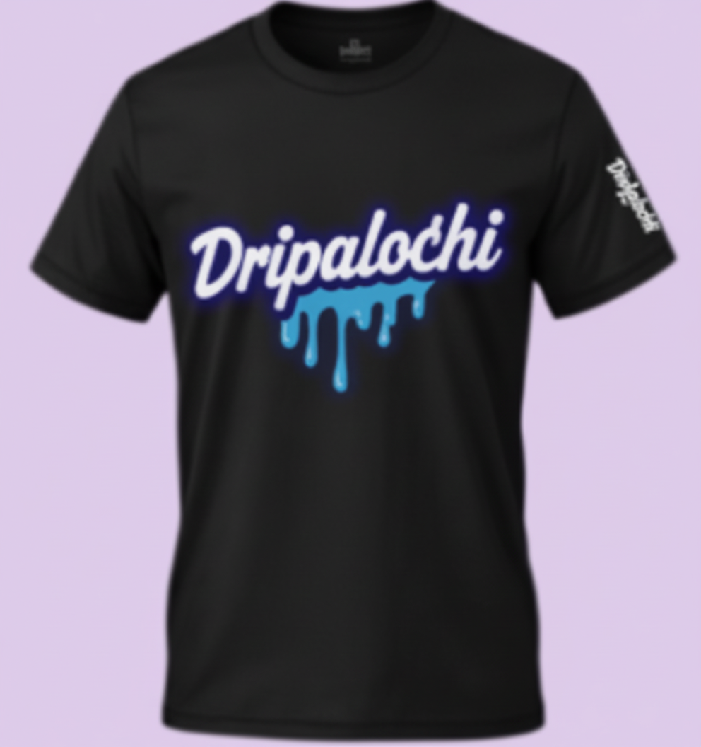Black t-shirt with 'Dripalochi' text on a light purple background