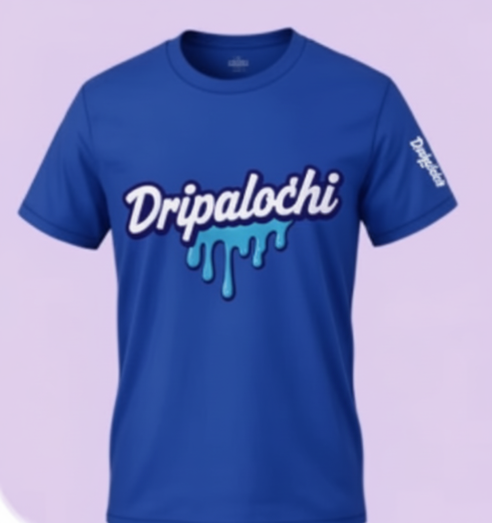 Blue t-shirt with 'Dripalochi' text on a light purple background