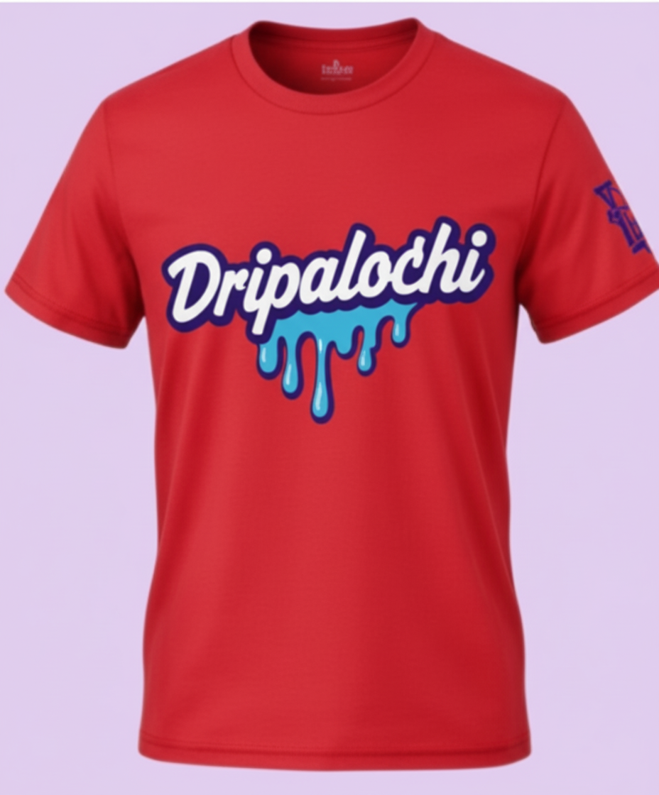 Red t-shirt with 'Dripalochi' text on a light purple background