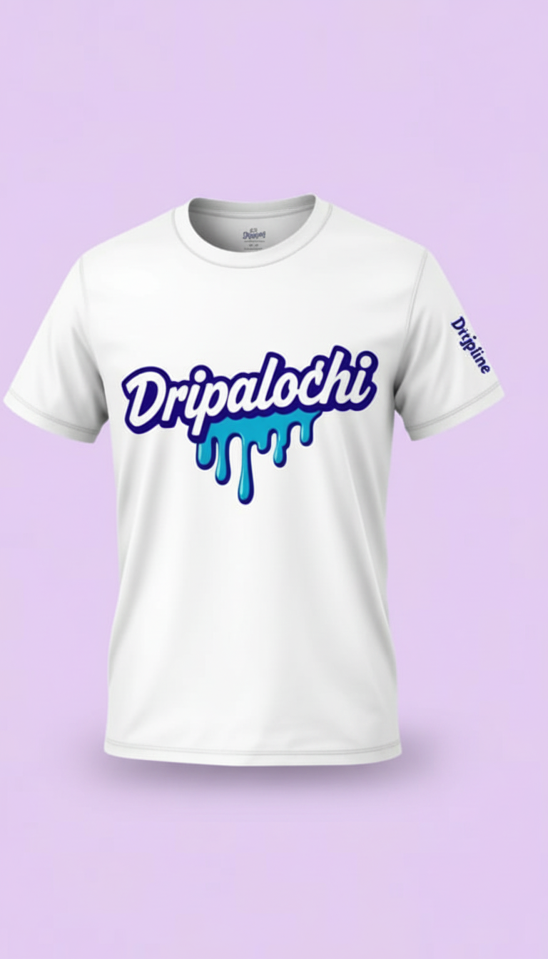 White t-shirt with 'Dripalochi' text on a purple background