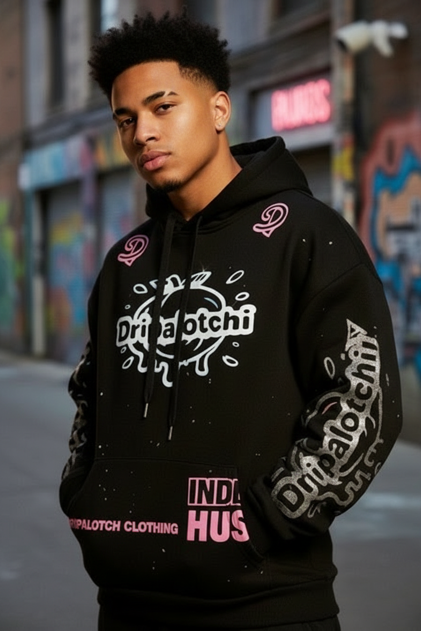 Person wearing a black hoodie with branding in an urban setting