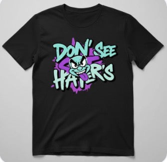 Black t-shirt with cartoon character and text 'Don't See Haters' on a gray background