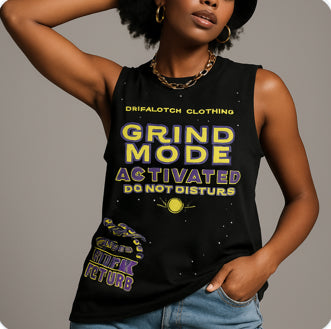 Person wearing a black tank top with 'Grind Mode Activated' text on a gray background