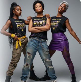 Three women wearing matching black t-shirts with text, standing against a gray background.
