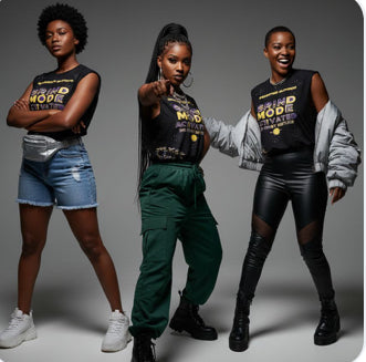 Three women wearing matching black t-shirts with text, standing against a gray background.