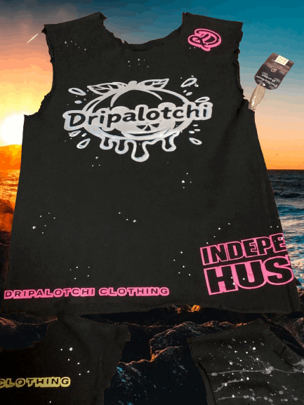 Black sleeveless shirt with 'Dripalotchi' branding on a sunset beach background