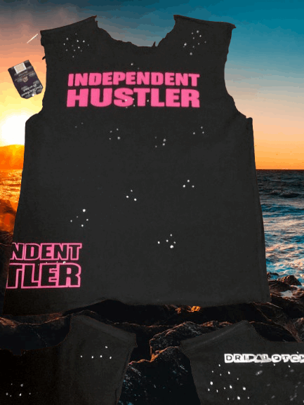 Black sleeveless shirt with 'Independent Hustler' text in pink, against a sunset beach background.
