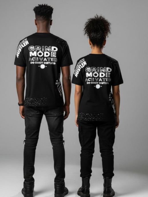 Two people wearing black t-shirts with 'Grind Mode Activated' text, one facing front and one facing back, on a gray background.