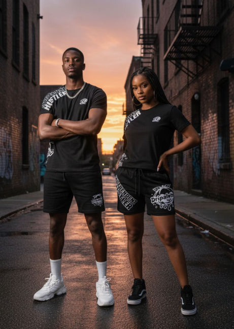 Two people wearing matching black outfits with white text on a street at sunset.